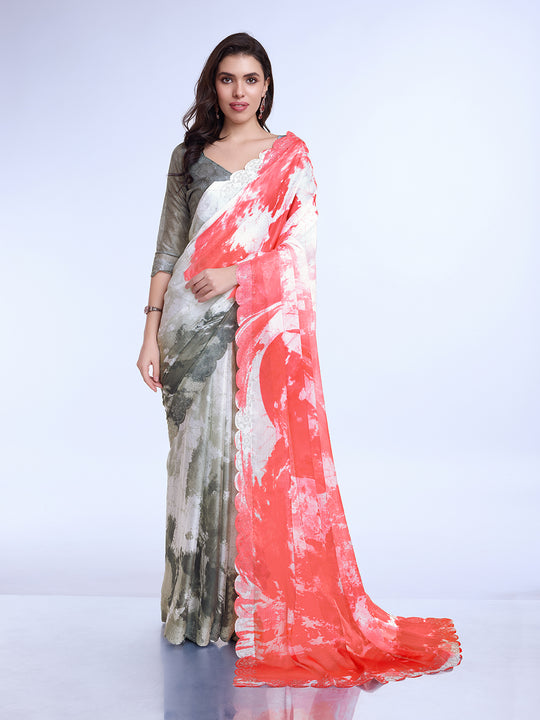 Peach Poly Chiffon Festival Saree With Blouse Piece