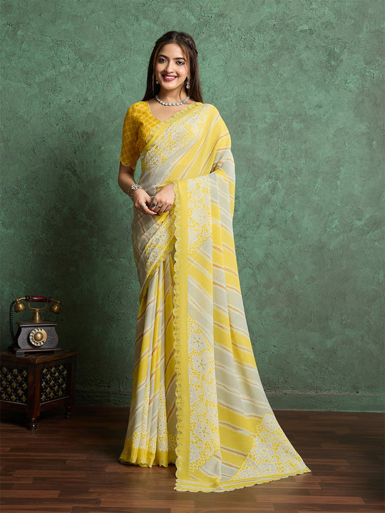 Poly Chiffon Leheriya Printed Saree With A Floral Touch And Swaroski Work With Scalloping