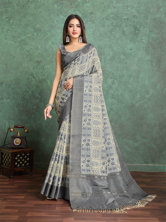 Milkywhite Pure Handloom Tussar Woven Pallu Ajrakh Printed With Blouse Piece