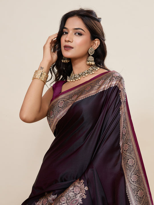 Maroon Pure Satin Silk Gala Border Concept Weaved With Jari And Minakari Rich Pallu Saree With Blouse Piece