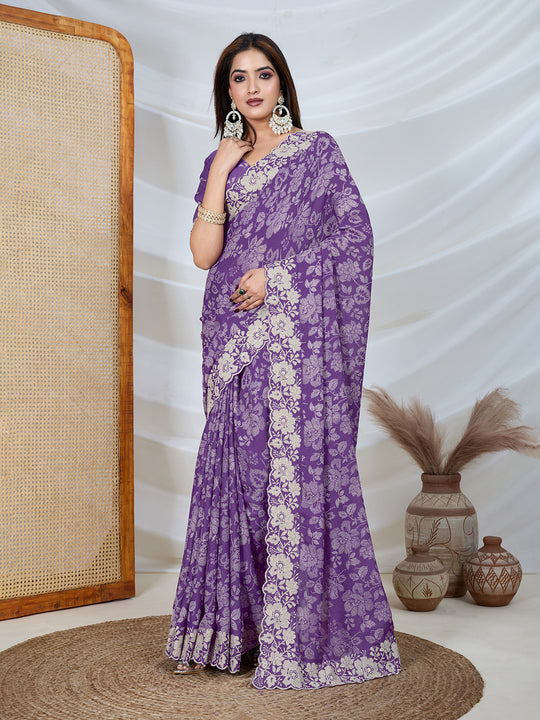 Poly Georgette Geometric Print Saree With Embroidery And Scaloping Work With Unstitched Blouse Piece
