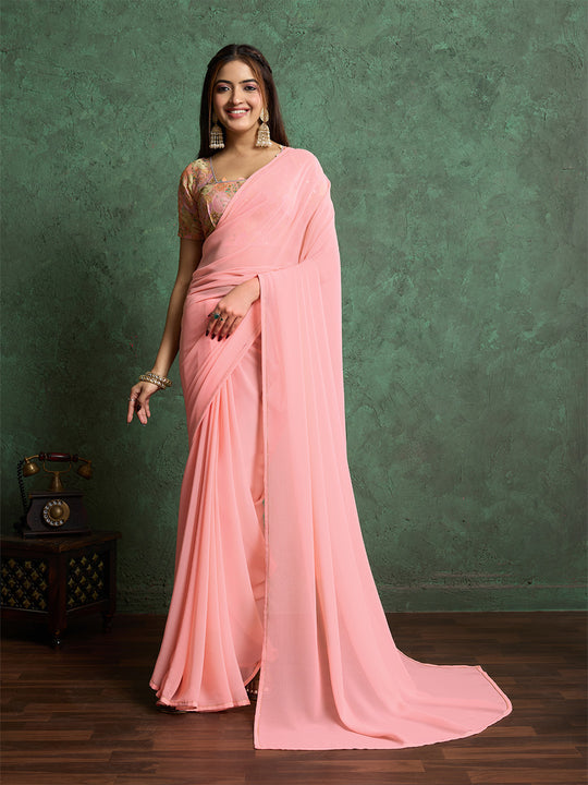 Poly Chiffon Dyed Saree With Heavy Embroidered Blouse Piece