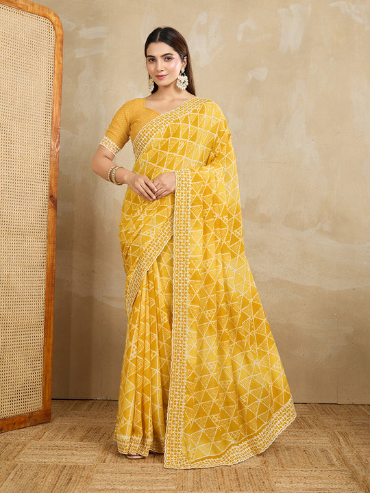 Poly Georgette Geometric Printed Saree With Embroidered Border And Blouse Piece