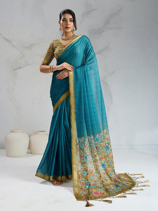 Pure Chiffon Digital Printed Woven Saree With Woven Border And Fancy Tassels