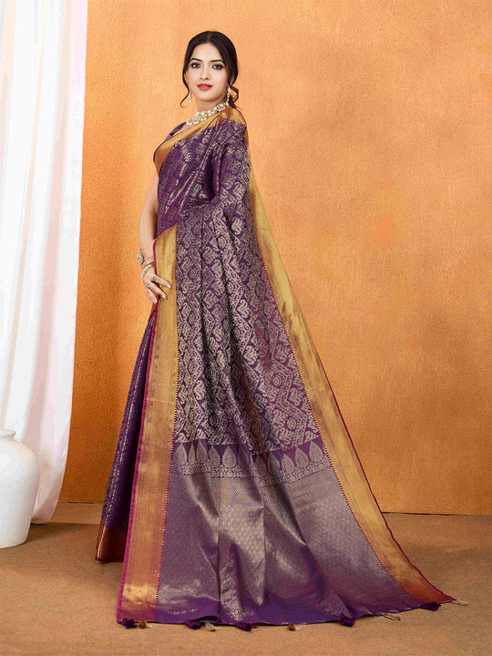 Wine Ikkat Woven Kajeevaram Silk Rich Pallu With Blouse Piece