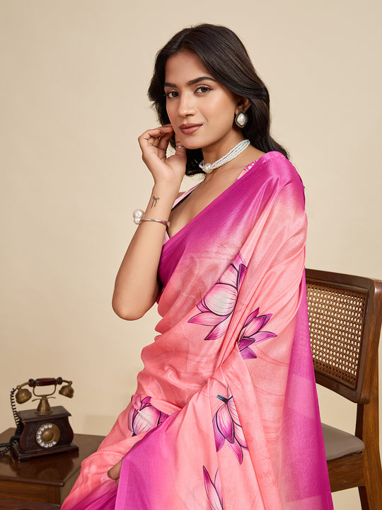 Baby Pink Chinon Saree All Over Single Colour Printed Saree With Blouse Piece