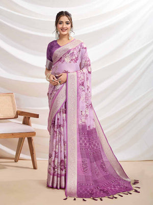Pink Silk Chiffon Viscose Border Floral Printed Saree Saree With Blouse Piece