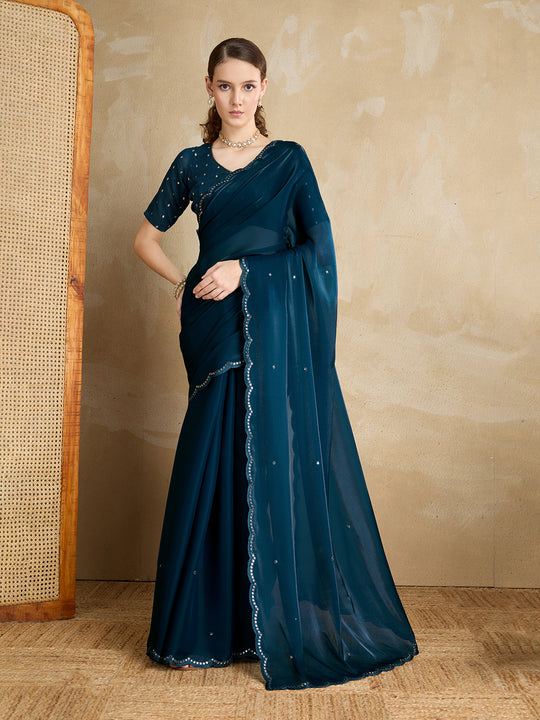 Embellished Mirror Work Organza Saree With Blouse Piece