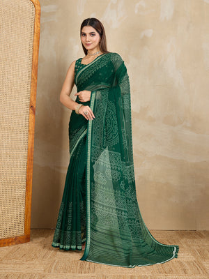 Pure Chiffon Bandhani Printed Saree With Viscose Woven Border And Blouse Piece