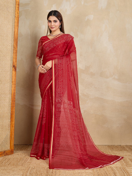 Pure Chiffon Bandhani Printed Saree With Viscose Woven Border And Blouse Piece