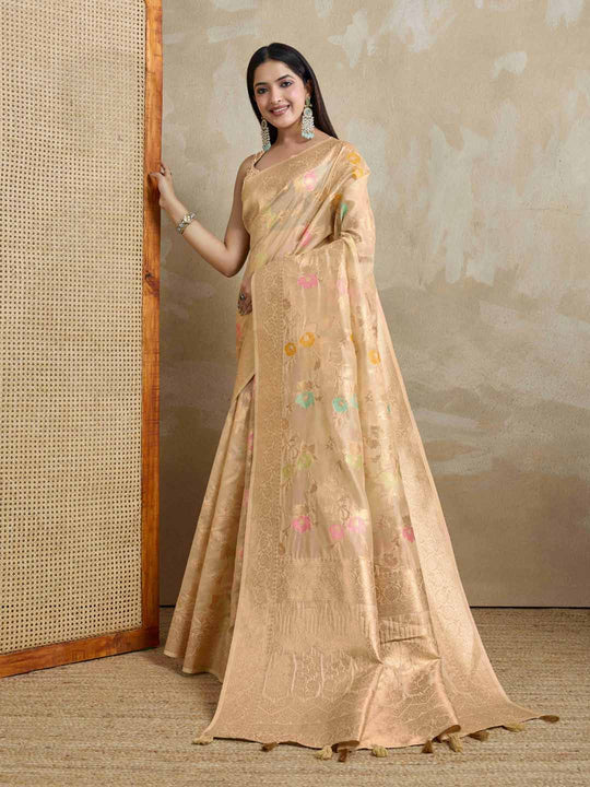Beige Organza Banarasi Woven Rich Pallu With Blouse Piece