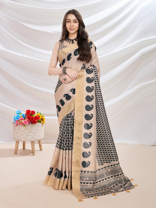 Beige Silk Blend Casual Wear Saree With Blouse Piece