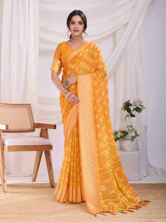 Yellow Pure Chiffon Viscose Border Block Printed Saree With Blouse Piece