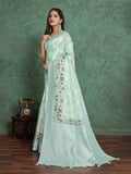 Seagreen Pure Cotton Lucknowi Woven Printed Saree With Tassels Saree With Blouse Piece