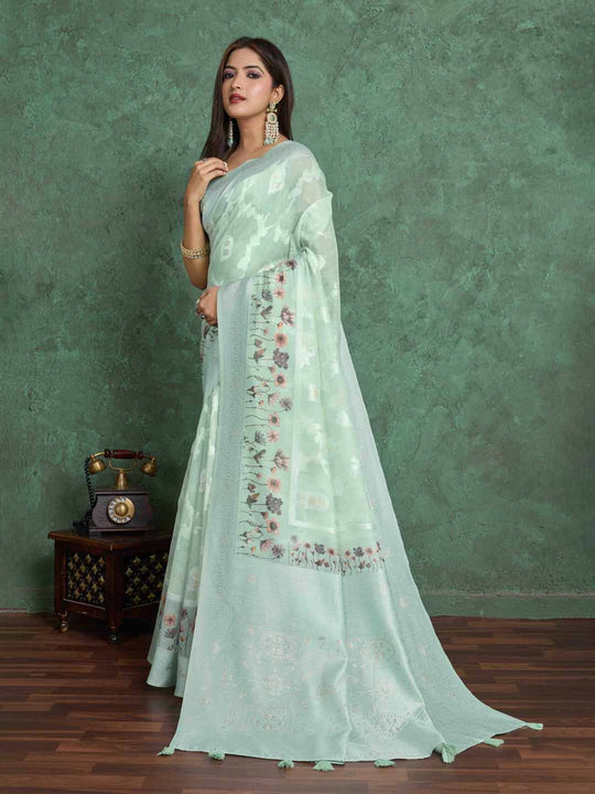 Seagreen Pure Cotton Lucknowi Woven Printed Saree With Tassels Saree With Blouse Piece