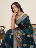 Teal Green Soft Silk Sarees Premium Two Tone Satin Fabric With Unique Pathani Type Designs Saree With Blouse Piece