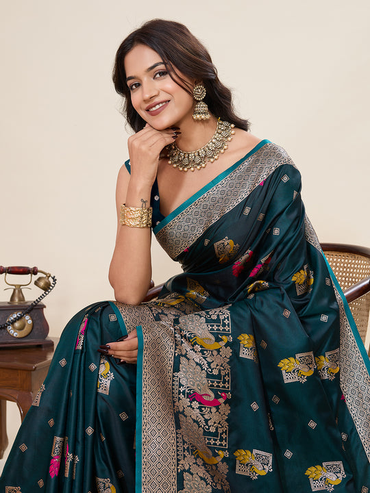 Teal Green Soft Silk Sarees Premium Two Tone Satin Fabric With Unique Pathani Type Designs Saree With Blouse Piece