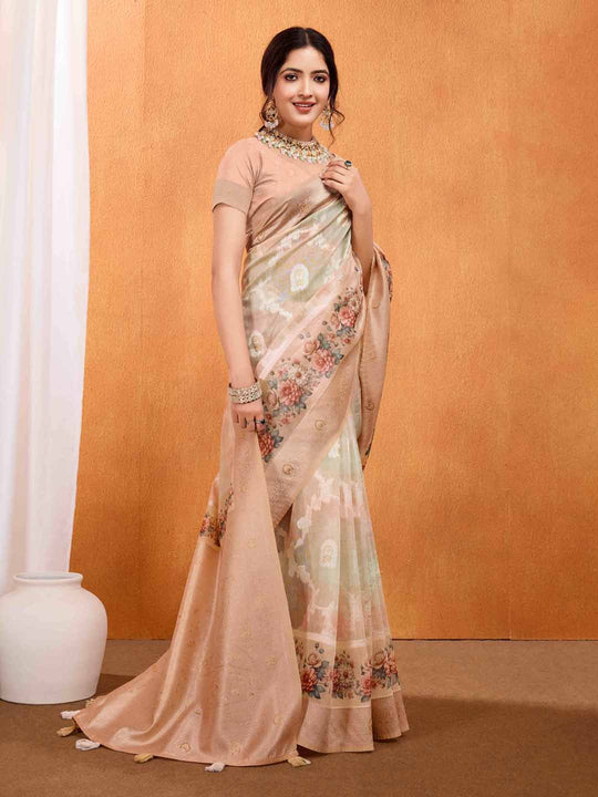 Beige Pure Cotton Lucknowi Woven Banarasi Saree With Ombre Floral Prints