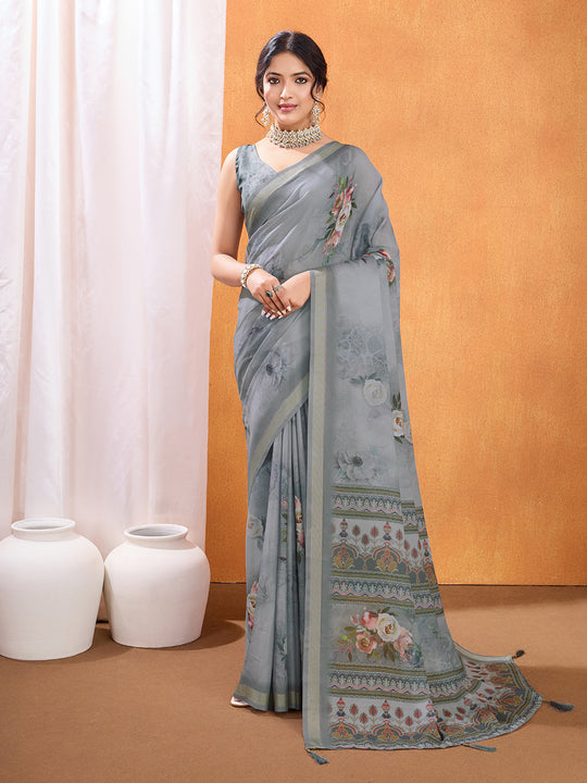 Grey Poly Crepe Party Wear Saree With Blouse Piece