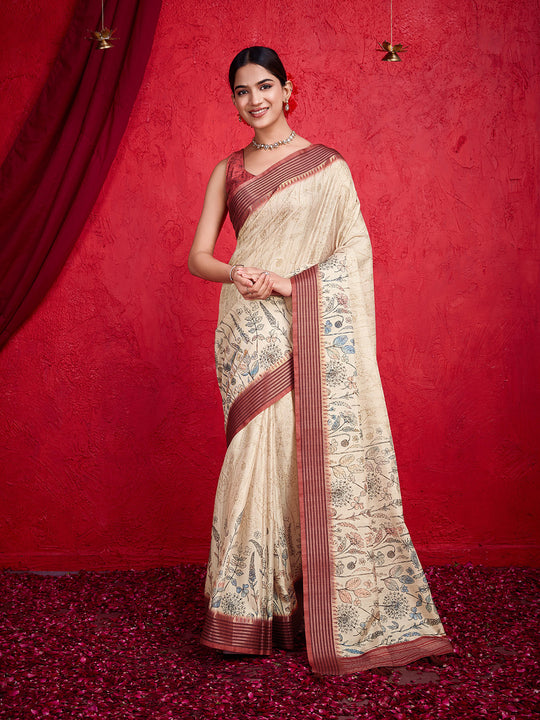 Cream Poly Silk Festival Saree With Blouse Piece