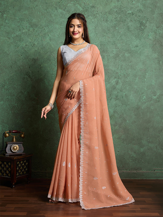 Pure Georgette Solid Embroidered Saree With Scalloping And Fancy Blouse