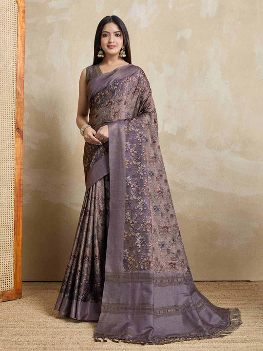 Purple Pure Handloom Tussar Woven Pallu Ajrakh Printed With Blouse Piece