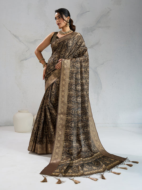 Poly Silk Woven Floral Digital Printed Saree With Woven Jacquard Border And Fancy Tassels