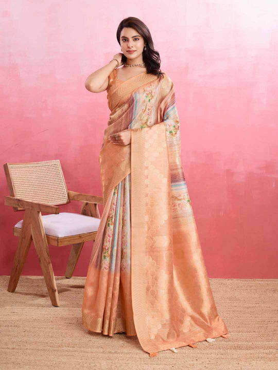 Peach Cotton Banarasi Woven Rich Pallu Printed Saree With Blouse Piece