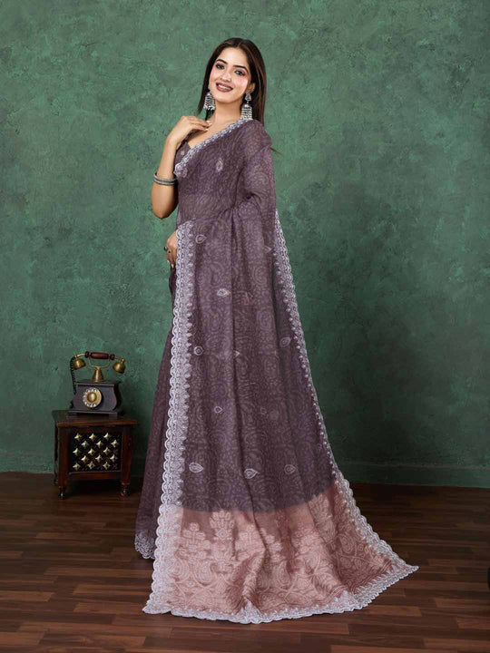 Brown Cotton Banarasi Printed Saree With Thread Embroidery Scalloping  Saree With Blouse Piece