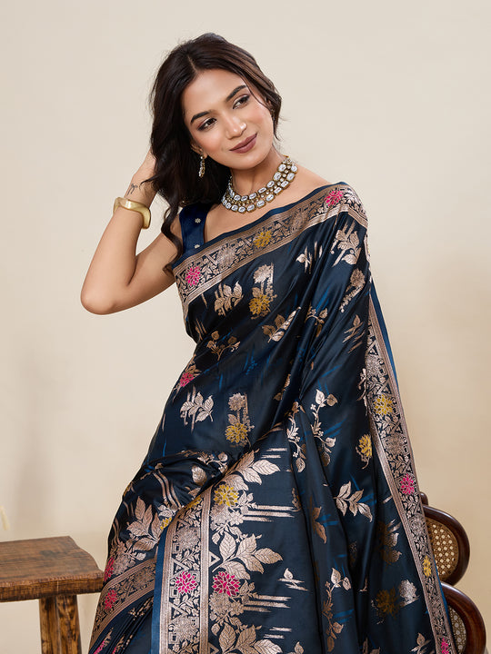 Teal Blue Soft Silk Sarees Premium Two Tone Satin Fabric With Unique Pathani Type Designs Saree With Blouse Piece