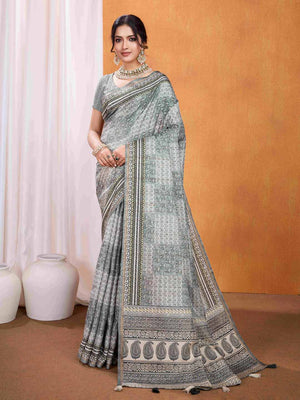 Grey Pure Tussar Silk Ajrakh Block Printed With Blouse Piece