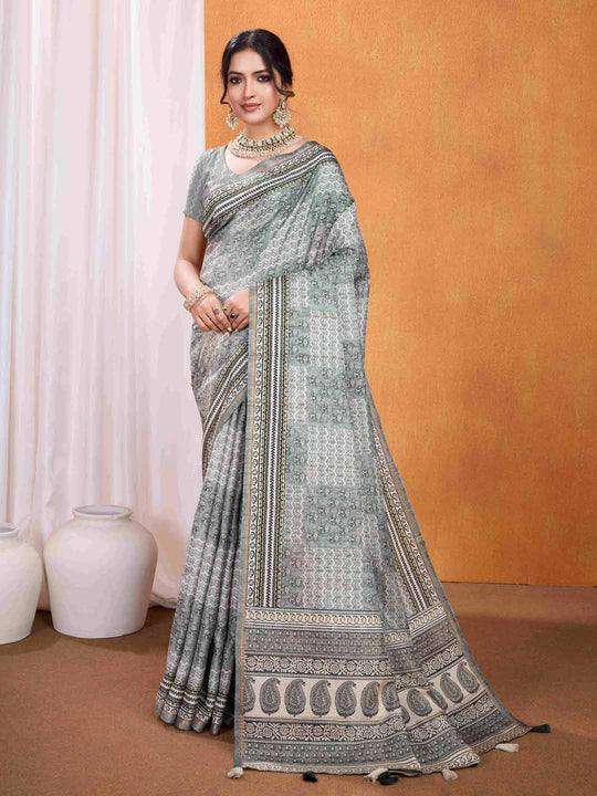 Grey Pure Tussar Silk Ajrakh Block Printed With Blouse Piece