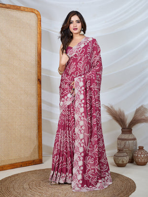 Poly Georgette Geometric Print Saree With Embroidery And Scaloping Work With Unstitched Blouse Piece