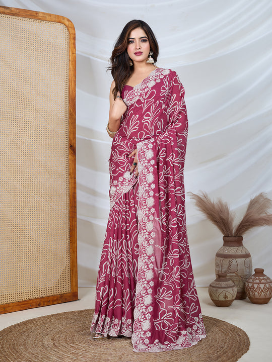 Poly Georgette Geometric Print Saree With Embroidery And Scaloping Work With Unstitched Blouse Piece
