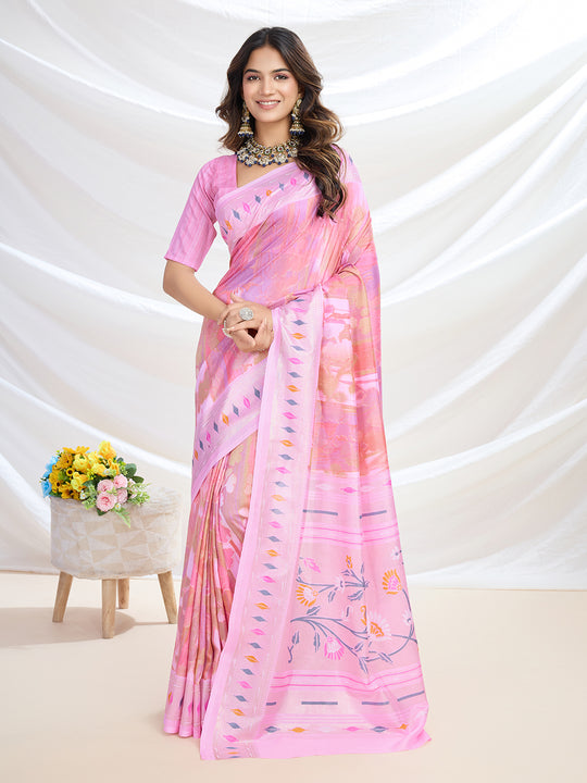 Pink Handloom Silk Festive Wear Saree With Blouse Piece