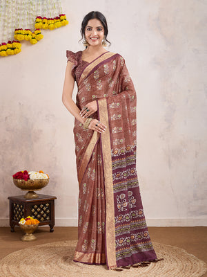 Brown Poly Crepe Festive Wear Saree With Blouse Piece