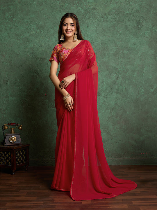 Poly Chiffon Dyed Saree With Heavy Embroidered Blouse Piece