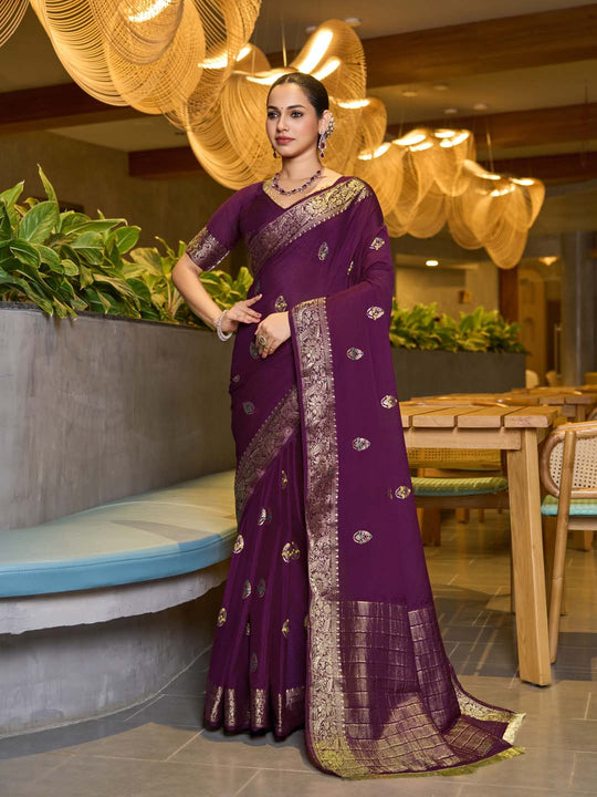 Violet Chinon Soft Silk Saree With Blouse Piece