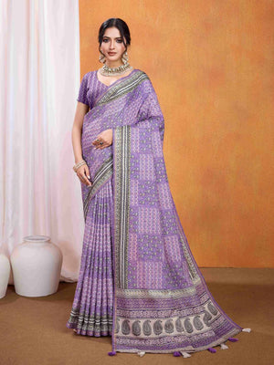 Purple Pure Tussar Silk Ajrakh Block Printed With Blouse Piece