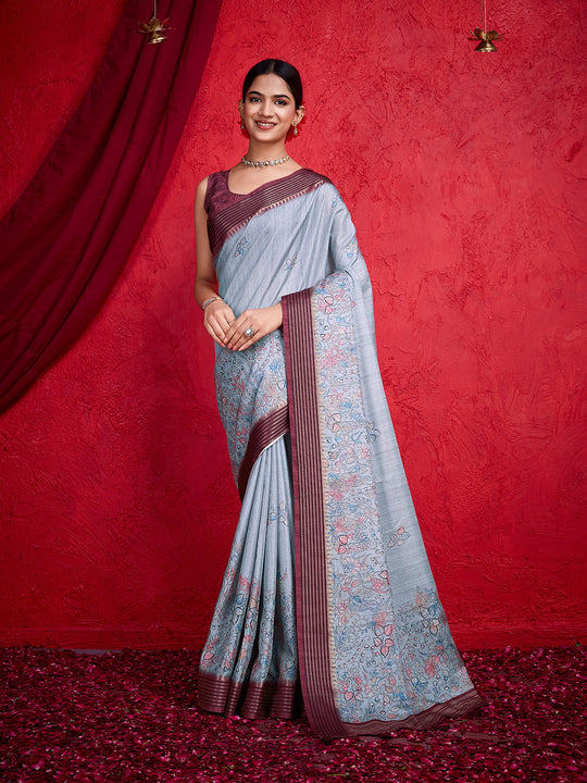 Grey Poly Silk Festival Saree With Blouse Piece