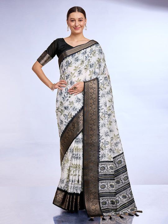 White & Black Dola Silk Saree With Blouse Piece