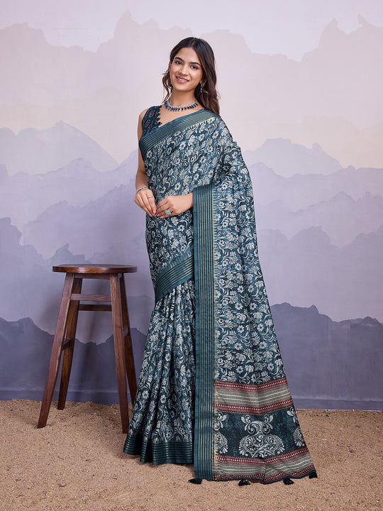 Blue Poly Silk Festival Saree With Blouse Piece