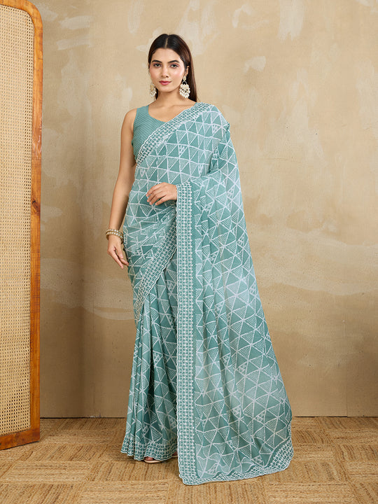 Poly Georgette Geometric Printed Saree With Embroidered Border And Blouse Piece