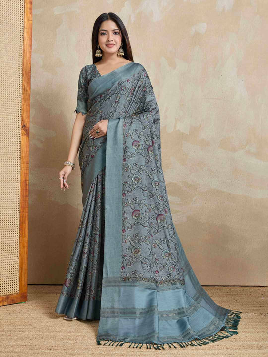 Grey Pure Handloom Tussar Woven Pallu Ajrakh Printed With Blouse Piece