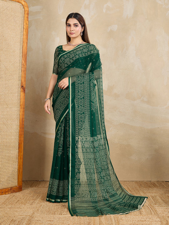 Pure Chiffon Bandhani Printed Saree With Viscose Woven Border And Blouse Piece