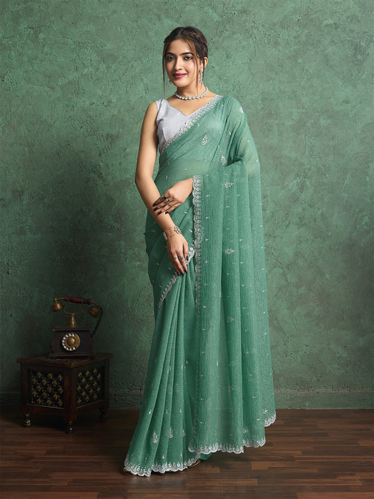 Pure Georgette Solid Embroidered Saree With Scalloping And Fancy Blouse