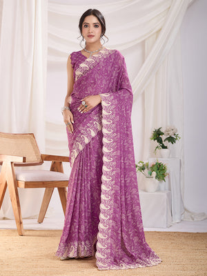 Purple Poly Georgette Festive Wear Saree With Blouse Piece