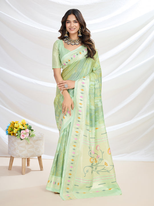 Pista Green Handloom Silk Festive Wear Saree With Blouse Piece