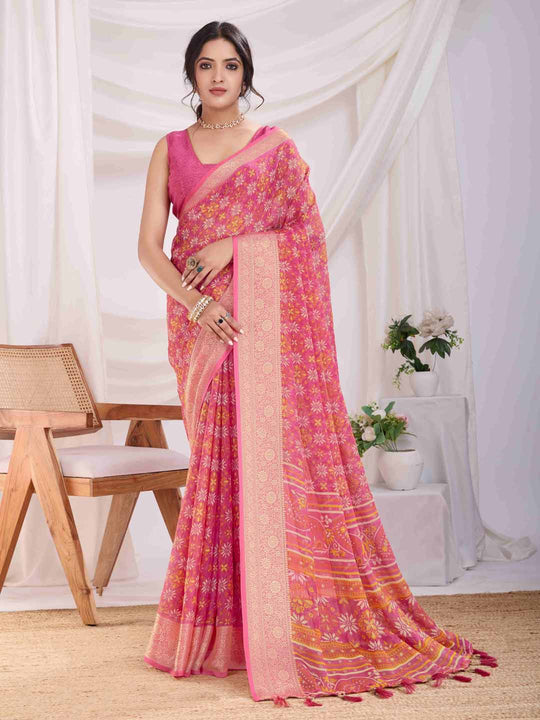 Onion Pink Pure Chiffon Viscose Border Block Printed Saree With Blouse Piece