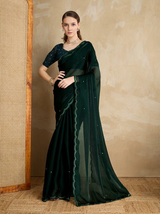Embellished Mirror Work Organza Saree With Blouse Piece
